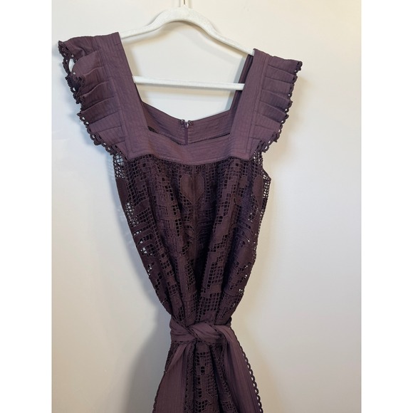 Farm Rio Chocolate Brown Lace Crochet Ruffle Midi Dress Square Neck Belted Boho